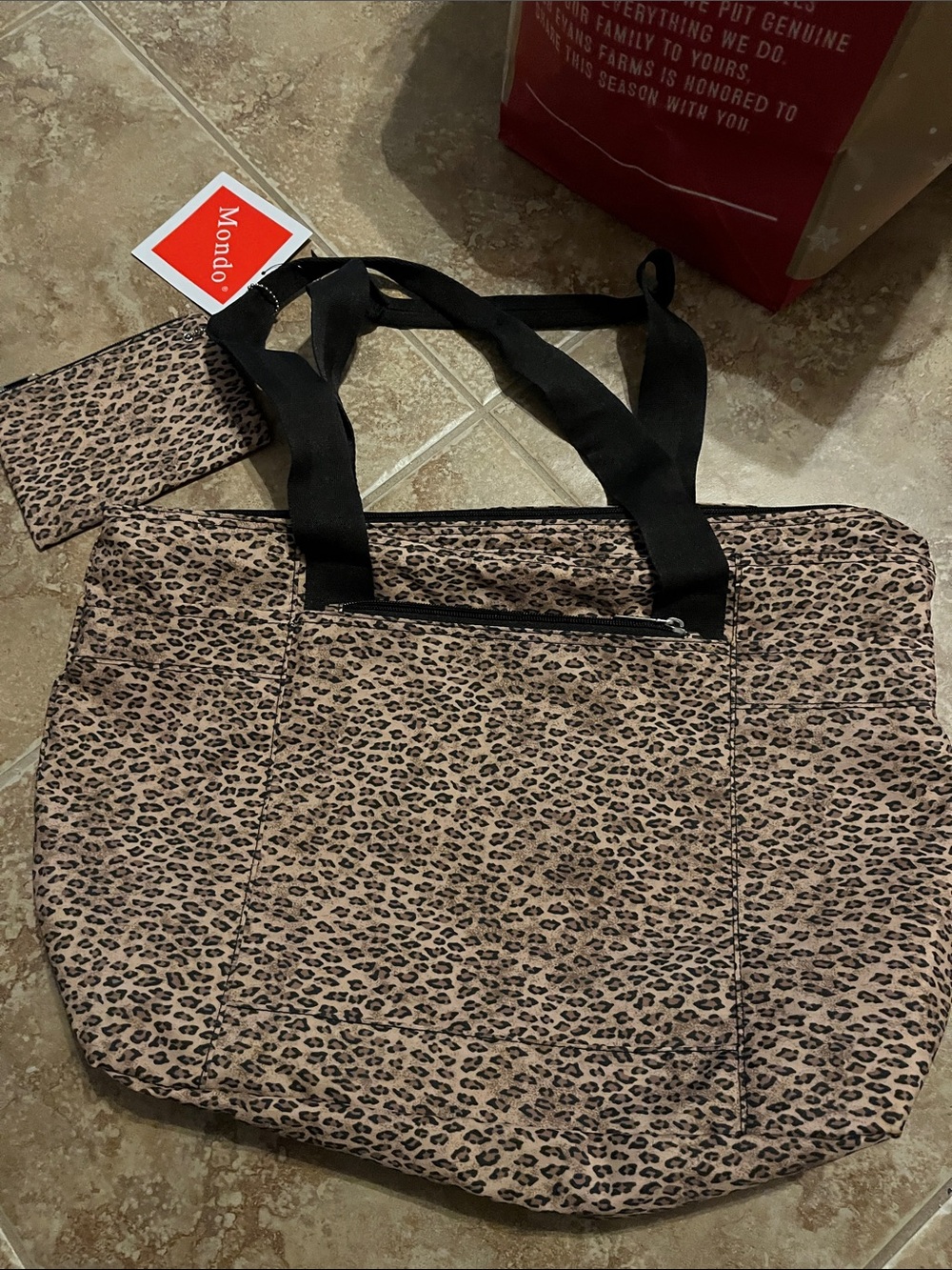 Leopard Print Tote Bag with Black Straps and makeup bag. NWT